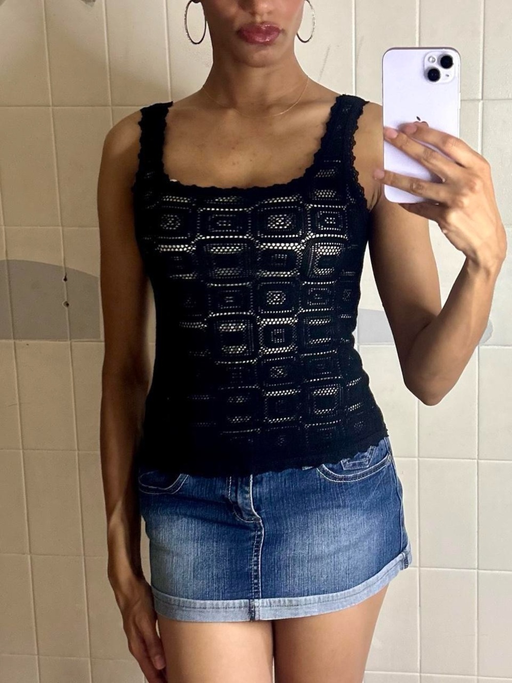 Vintage Arianne Black Geometric Crochet Lined Tank Top
